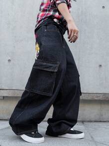 Manfinity EMRG Pantalones casuales con tirantes de tela vaquera y estampado, minimalistas y de moda para uso diario