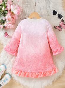 SHEIN Young Girl' High Collar Digital Butterfly Print Ruffle Hem Dress, Thick Warm Comfortable & Fashion Cute For Outings, Autumn/Winter - Multicolor - View 2