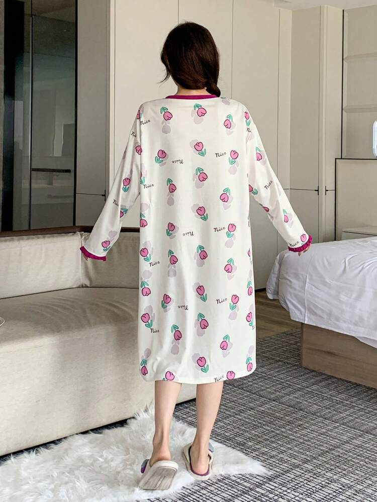 Cute Tulip Pattern All-Over Print Contrast Trim Design Loose Fit Nightgown Pajama