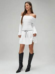 Chiquease Off-Shoulder Long Sleeve Romantic Pleated Floral Trim Mini Dress For Women Fall Cloth For Women - Black and White - View 4