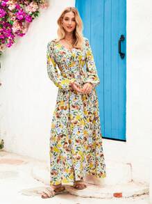 Vivid Eden Women's V-Neck Plant Print Lantern Sleeve Tie-Up Long Dress, Perfect For Vacation,Vacation Outfits For Women