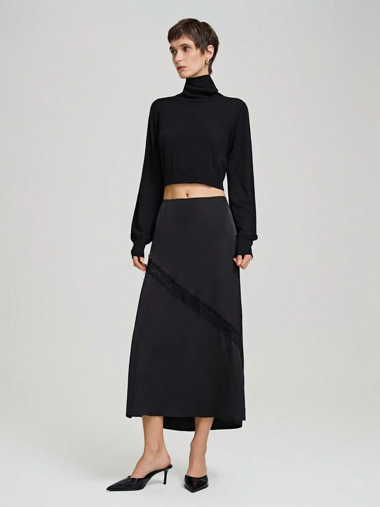 Ontre Urban Style Lace Patchwork Split Hem Black Midi A-Line Skirt