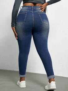 SHEIN EZwear 大码女式褪色深蓝色破洞紧身牛仔裤 - 深色水洗藍 - 查看 2