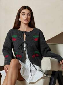 GENKIRA Women's Elegant Simple French Romantic Fruit Pattern Tie-Front Cardigan, Ladies Winter Apparel Oversized Sweater  - Dark Grey - View 2