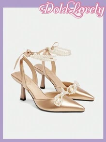 Dola Lovely 时尚女士仿珍珠蝴蝶结装饰舒适休闲高跟鞋 - 香檳色 - 查看 3