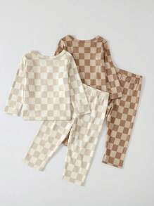 Baby Boy 2 Pieces Set, Ribbed Fabric Top & Checkerboard Pattern Bottoms Outfit, Fashionable For Indoor Or Autumn/Winter Base Layer Wear