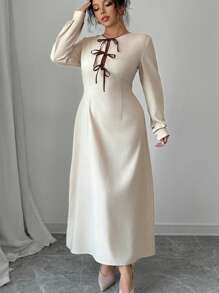 Elenzga Damen Große Größen lässiges einfarbiges Kleid mit kontrastfarbiger Schleife an der Taille und ausgestelltem Rock, geeignet für den Arbeitsweg, Lässig & Urlaub, Frühling & Herbst Maxikleid - Aprikosenfarben - Übersicht 4