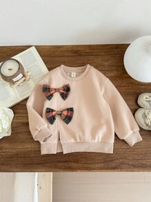 SHEIN LMoss Kids LMoss Young Girl Young Girl Knitted Solid Color Round Neck Patchwork Plaid Bow Decor Loose Casual Sweatshirt