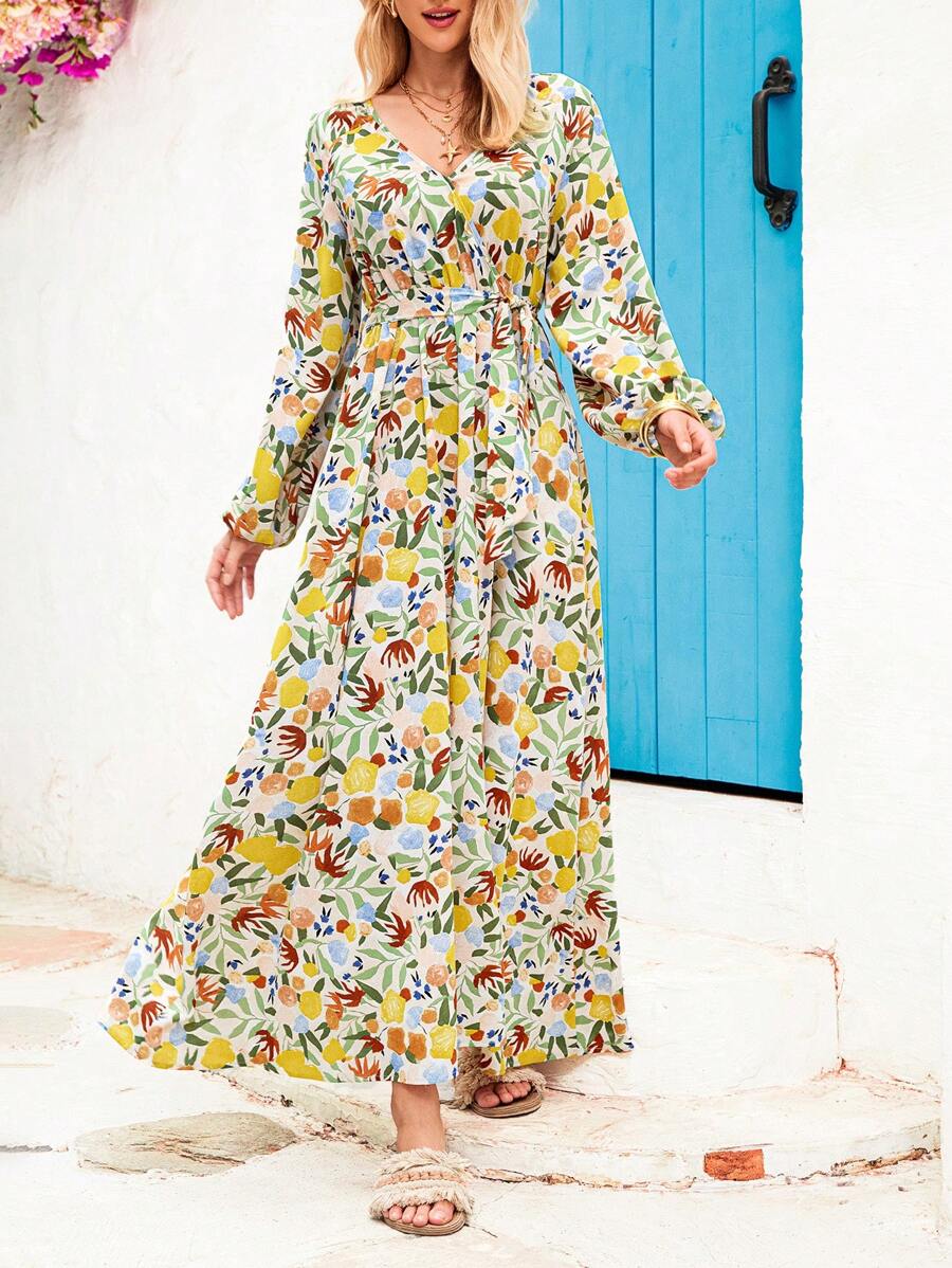Vivid Eden Women's V-Neck Plant Print Lantern Sleeve Tie-Up Long Dress, Perfect For Vacation,Vacation Outfits For Women