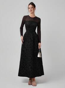 Poshira 1 Stück Damen elegantes Jacquardkleid mit raffender Taille, Mesh-Applikation und A-Linie Silhouette, Langarm, halbtragbar für Abschlussball, Hochzeitsgast, Abschlussfeier, Party - Schwarz - Übersicht 1