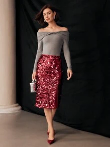 MOTF PREMIUM SEQUIN HIGH SLIT SKIRT - Burgundy - View 8