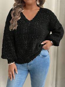 Calvaya Plus Size Polka Dots V-Neck Pullover Sweater, Casual And Fashionable For Everyday Wear, For Winter Knit Pullover Fall - Black - View 4