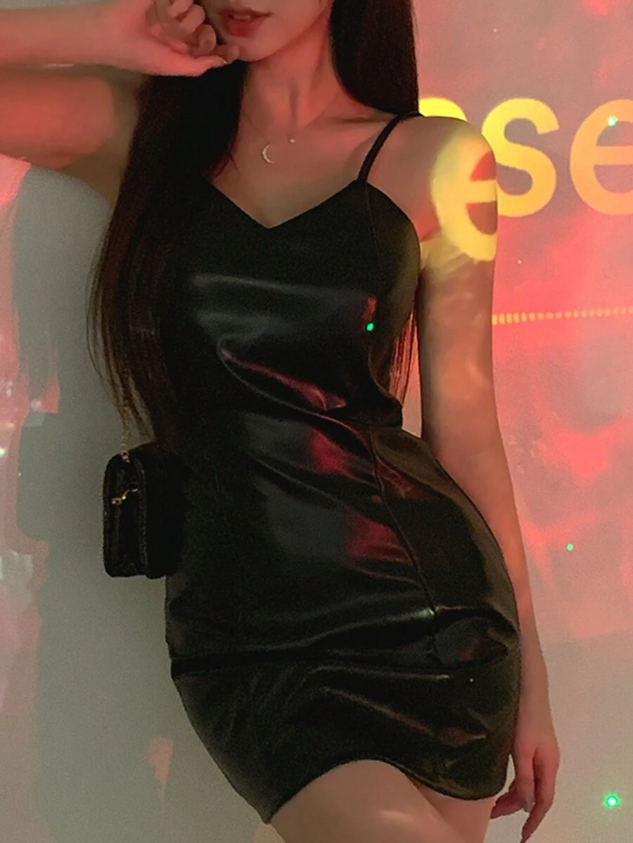 DAZY Vestido mini de tirantes de unicolor de moda para mujer, vestido de fiesta, vestido de club, vestido de graduación, vestido sexy, Año Nuevo, Carnaval - Negro - Ver 1