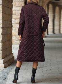 SHEIN Clasi 女士纯色翻领双排扣长款休闲棉衣，冬季 - 酒紅色 - 查看 2