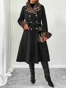 Celure Plus Size Vrouwen Luipaard Print Patchwork Parel Gesp Taille Riem Elegante Herfst/Winter Jas