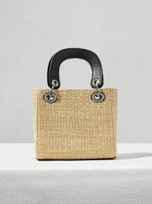 SHEIN VCAY 女士纯色拼布字母细节简约休闲手提包