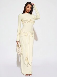 SHEIN SXY Vestido elegante con pliegues en un diseño de nudo retorcido en color albaricoque para otoño/invierno