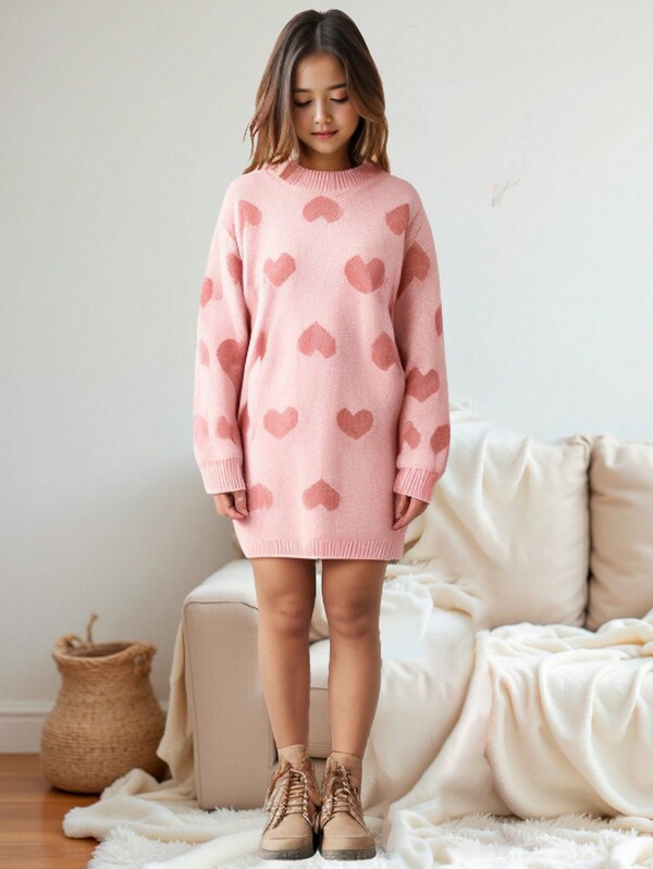 SHEIN Tween-Mädchen Oversized Langarm-Pulloverkleid aus Jacquard-Strick mit Rundhalsausschnitt und süßem Herz, Langarm-Strickkleid, Rosa