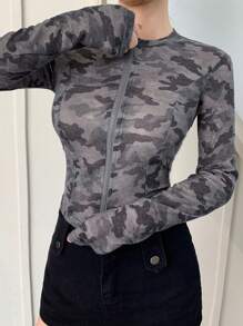 DAZY 时尚迷彩印花 T 恤，后背交叉带，前拉链，透明长袖女上衣，秋季女装 - 綠色 - 查看 4