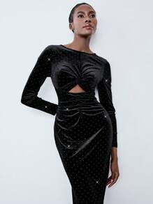 Lumivelle Vestido elegante de franela para mujer con aplicaciones de diamantes de imitación y diseño con recortes, de manga larga, adecuado para atuendos de mujer de largo maxi en otoño/invierno
