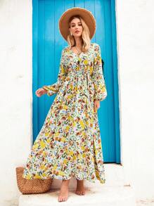 Vivid Eden Women's V-Neck Plant Print Lantern Sleeve Tie-Up Long Dress, Perfect For Vacation,Vacation Outfits For Women