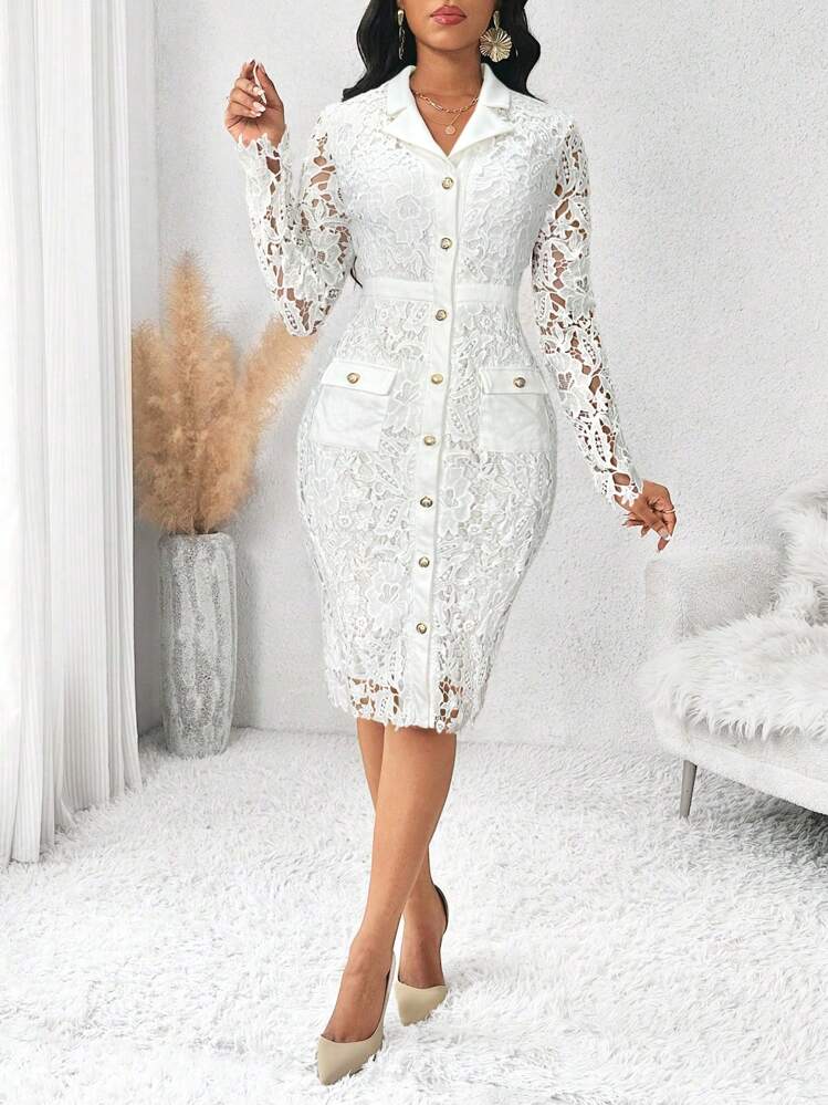 SHEIN Lady Vår- och sommarbröllopsgästklänning Elegant vit långärmad kontrastfärgad spets damklänningar - Vitt - Visa 3