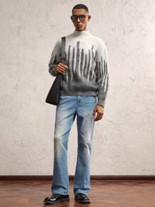 AKNOTIC Business Casual Men's Color Block Crew Neck Loose Knit Sweater, Long Sleeve, For Fall Winter - Grey - View 2