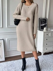 SHEIN Clasi Solid Color Round Neck Cable Casual Versatile Long Sleeve Sweater Dress
