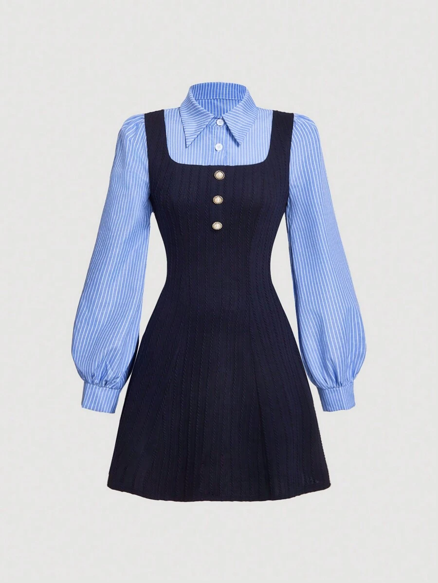 SHEIN MOD Autumn Stand-Up Collar Color-Blocked Striped Patchwork Long-Sleeved Dress, Preppy Dress, Casual Dress,New Years Eve Outfit, Elegant Dresses, New Years Outfit, Party Outfits, Holiday Outfits - Multicolor - View 1