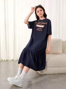 SHEIN Vestido midi de manga corta y corte holgado para adolescente con estampado de alfabeto azul - azul real - Ver 6