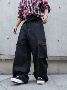 Manfinity EMRG Pantalones casuales con tirantes de tela vaquera y estampado, minimalistas y de moda para uso diario
