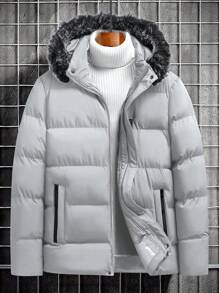 Manfinity Homme Abrigo acolchado con capucha de manga larga y color liso para uso diario para hombres, ropa de otoño para hombres, abrigo de invierno para hombres, abrigo de invierno de color liso con forro polar cálido, abrigo de invierno negro