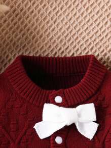 Infant Girls' Fashion Cute & Versatile Knit Sweater Outfit, Autumn/Winter. Includes Solid Color Cardigan And Matching Knit Pants In Red/White, With Ruffles, Bow, Contrast Buttons For Easy Dressing. High-Quality Fabric, Suitable As Newborn/Baby Gift, Daily Crawling/Walking, Various Occasions. Warm And Elegant.