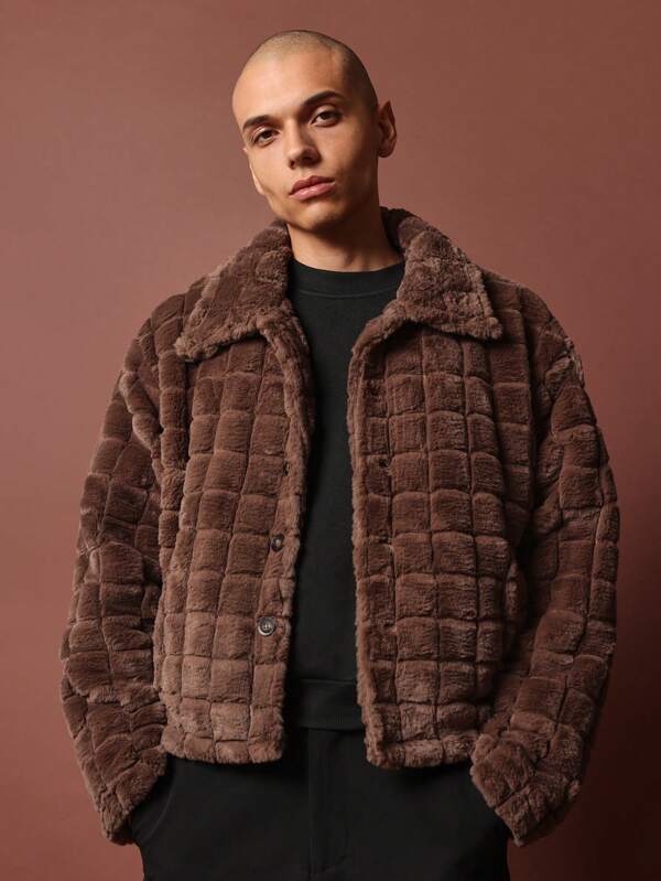 SUMWON Chaqueta de invierno tipo bomber con estampado acolchado de piel sintética, prenda exterior de moda de lujo con textura esponjosa, diseño de puntada cuadrada acogedor y cálido para el otoño