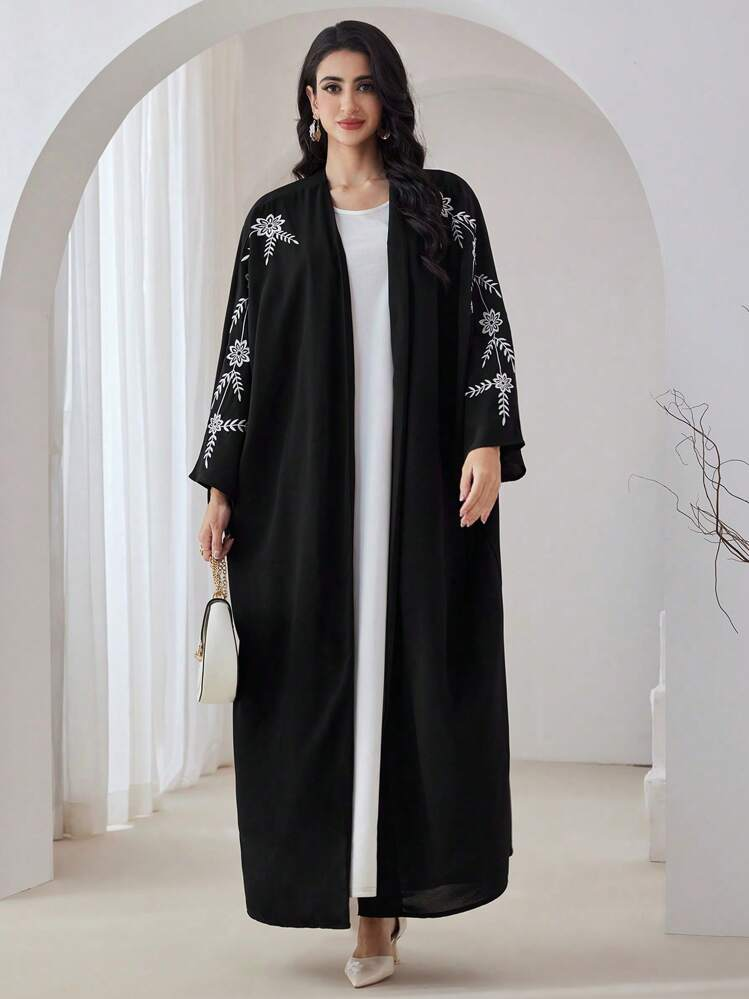 عبايه طويلة الأكمام مطرزة بزهور أنيقة قطعة واحدة، جلابيات بسيطة موديسة مفتوحة، للاستخدام اليومي والحفلات
