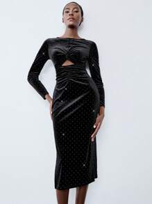 Lumivelle Vestido elegante de franela para mujer con aplicaciones de diamantes de imitación y diseño con recortes, de manga larga, adecuado para atuendos de mujer de largo maxi en otoño/invierno