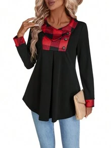 SHEIN LUNE Damen eleganter roter Kontrast Karomuster asymmetrischer Saum Langarm Sweatshirt Pullover Herbst - Schwarz - Übersicht 1