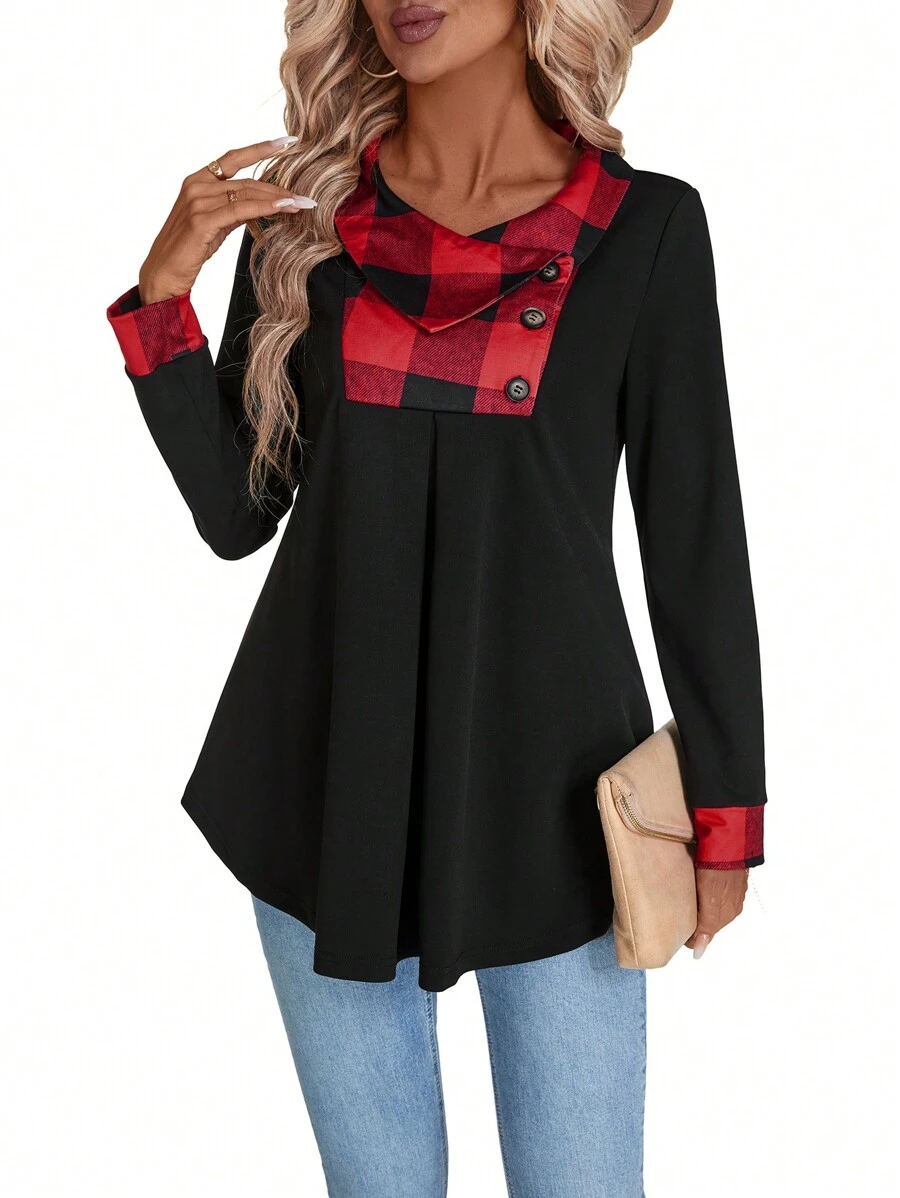 SHEIN LUNE Damen eleganter roter Kontrast Karomuster asymmetrischer Saum Langarm Sweatshirt Pullover Herbst - Schwarz - Übersicht 1