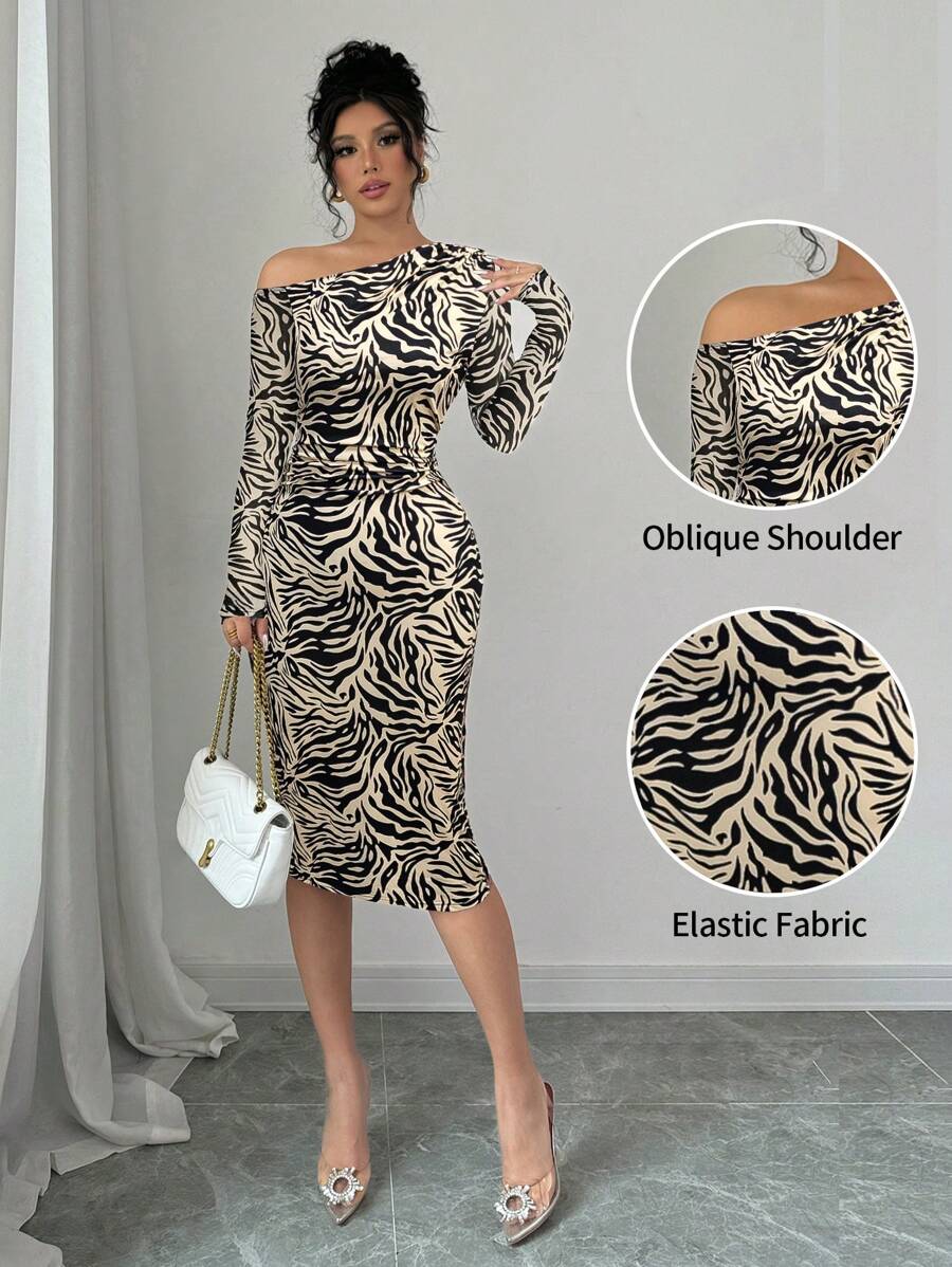 Rafferiza Đầm thường ngày in họa tiết cổ dài tay bất đối xứng cho nữ - Màu Khaki - Xem 1