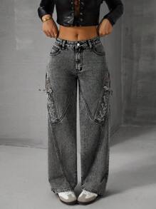 SHEIN ICON Women's Pocket Eye-Catching Tie-Up Wide Leg Loose Casual Versatile Jeans - Black - View 3