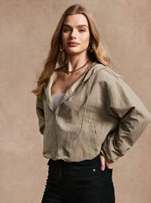 Chiquease 1pc Women's Solid Color Hooded Zip-Up Casual Long Sleeve Jacket For Holiday Party Clothes - Light Grey - View 3