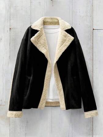 EMERY ROSE Women's Solid Color Splice Long Sleeve Pocket Casual Regular Fur Jacket Winter Coat