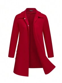 SHEIN Clasi Plus Size Women's Red Tie-Up Button Winter Long Sleeve Fitted Overcoat