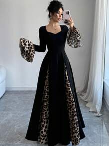 Modelyn 女士豹纹拼接撞色秋冬开叉甜心领长袖连衣裙超长款女士装长款晚礼服 - 黑色 - 查看 3