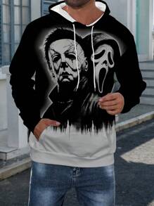 Manfinity Dauomo Sudadera casual con capucha y bolsillo con estampado de figura para hombres, manga larga
