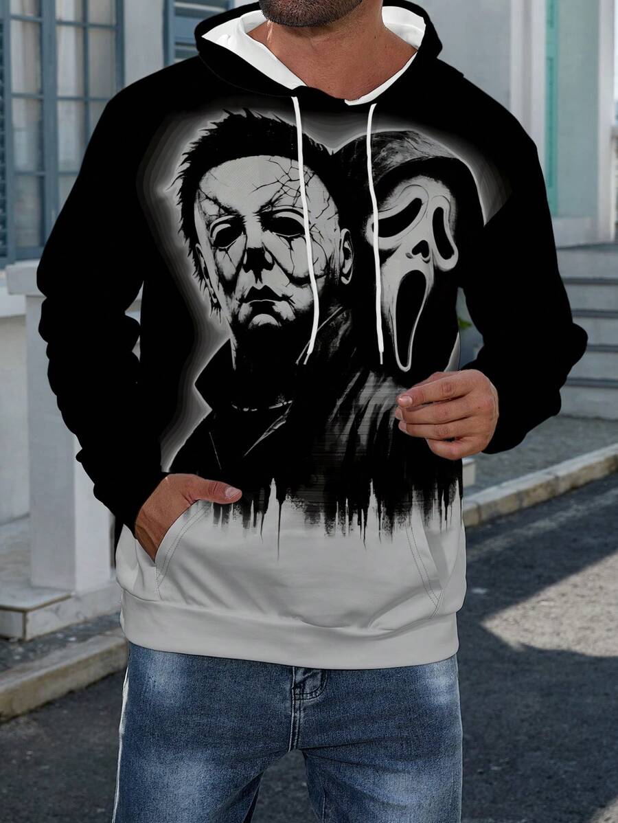 Manfinity Dauomo Sudadera casual con capucha y bolsillo con estampado de figura para hombres, manga larga