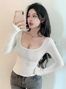 DAZY Camiseta básica de manga larga de unicolor, casual para otoño/invierno