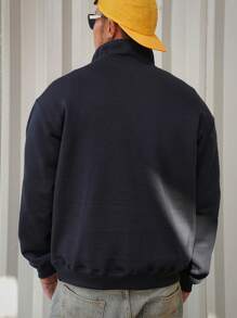 DAZY Men's Letter Print Zip Half Stand Collar Long Sleeve Casual Pullover Sweatshirt For Autumn - Navy Blue - View 2