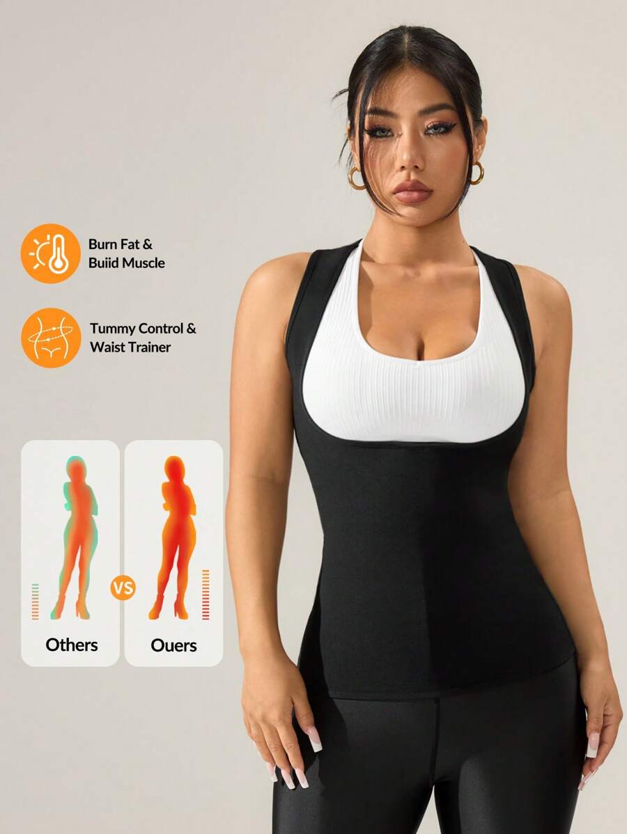 SHEIN Sports 女士拼色圆领无袖运动 T 恤 - 黑色 - 查看 1