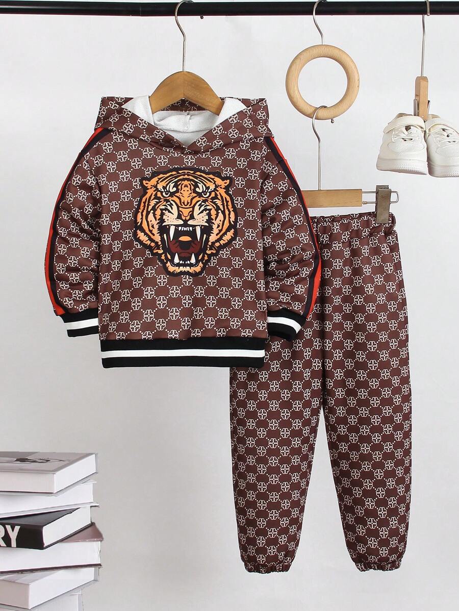 SHEIN 男童虎纹连帽运动衫搭配休闲裤，适合 4-7 岁男童秋、春、冬季的时尚服装 - 彩色 - 查看 1